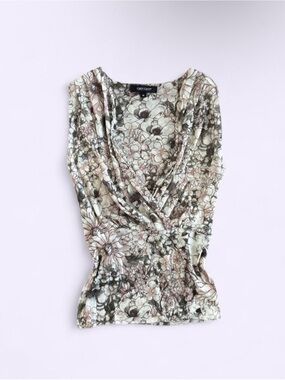 Vintage Y2K Karen Kane Floral Mesh Ruched Deep V Neck Top Made in USA Feminine
